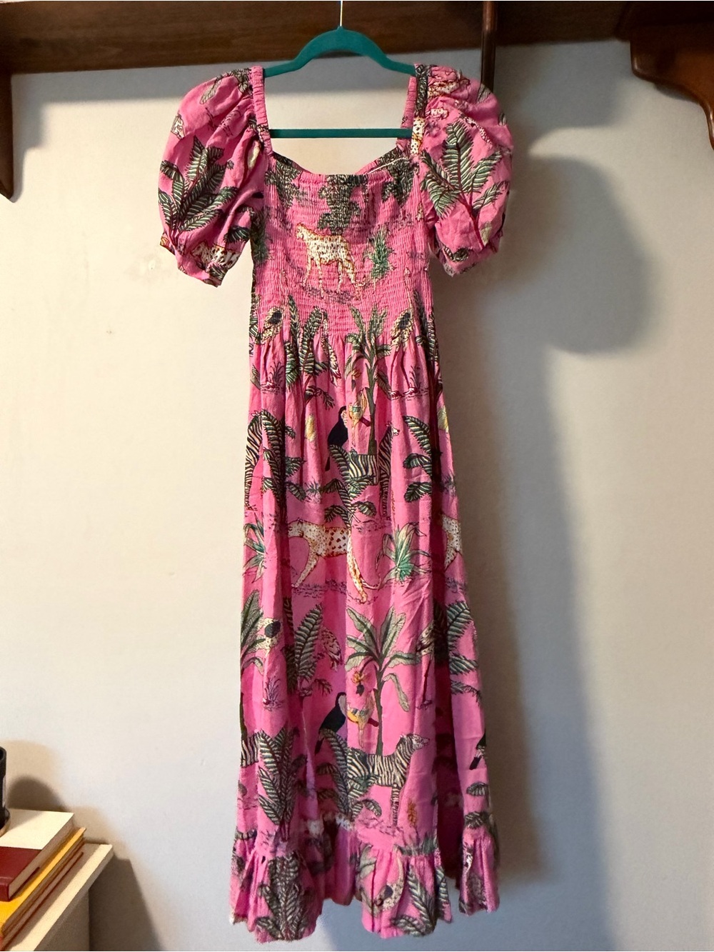 Mary Marshmallow Pink Jungle Animal Smocked Maxi Dress S